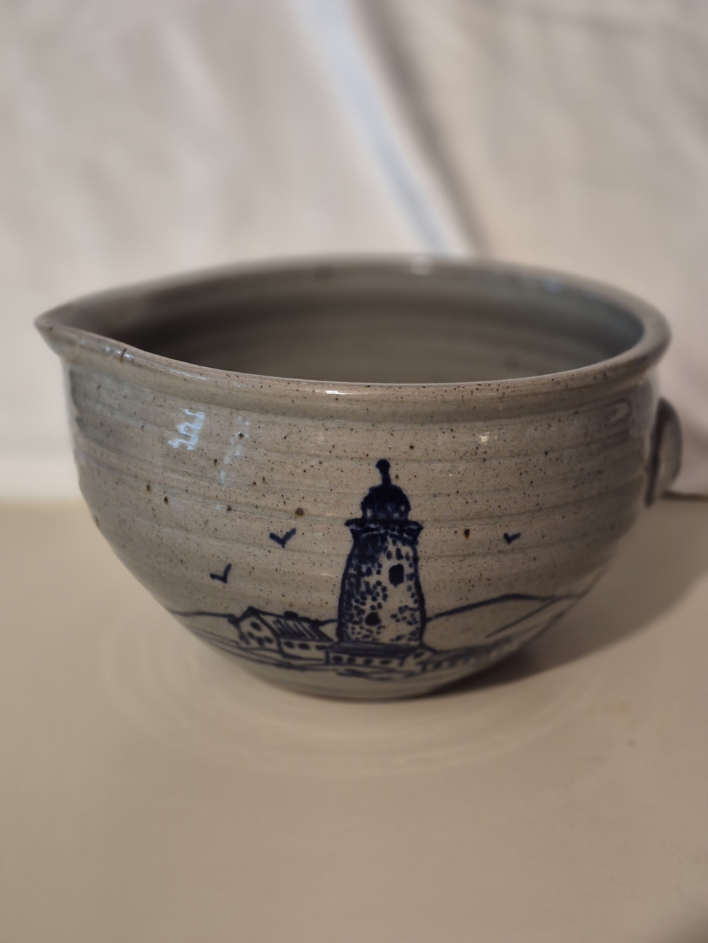 Great Bay Pottery Handcrafted Gray Stoneware Mixing Bowl Blue Lighthouse Design